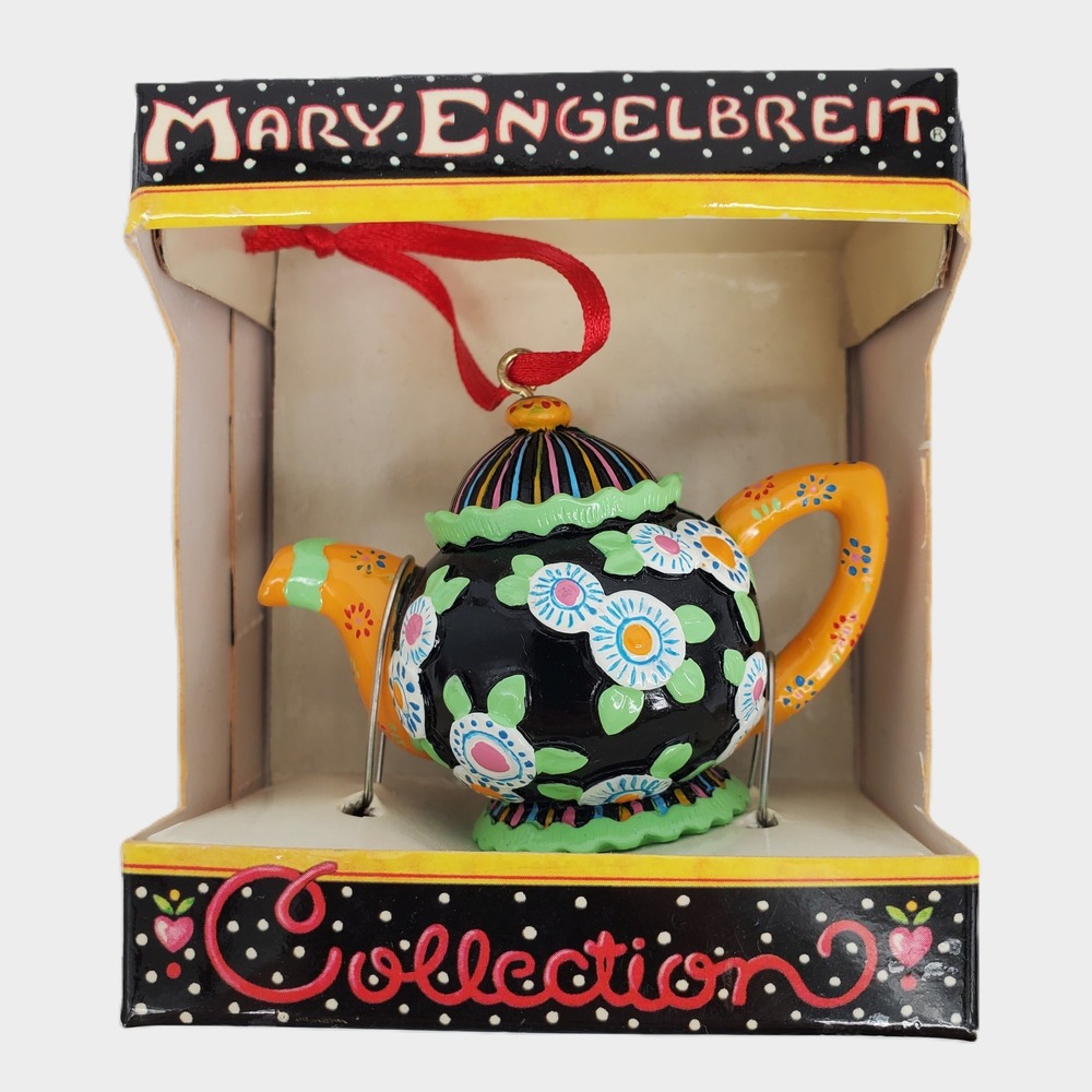 Mary Engelbreit Miniature Teapot Ornament Floral Black Orange Collection Boxed